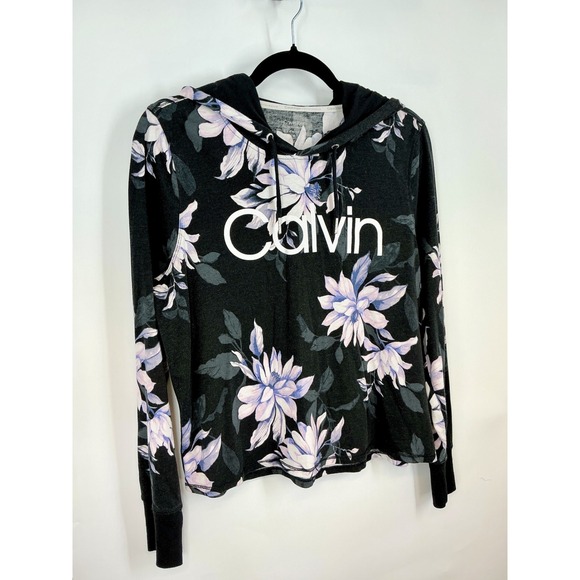 Calvin Klein Floral Hooded Top Size M Black Long Sleeve Lightweight Hoodie Y2K - Picture 10 of 12
